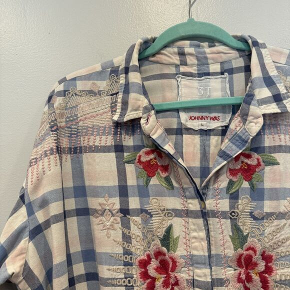 Johnny Was Top Button Up Floral Embroidered Boho Plaid Shirt Women sz Large - Picture 3 of 11